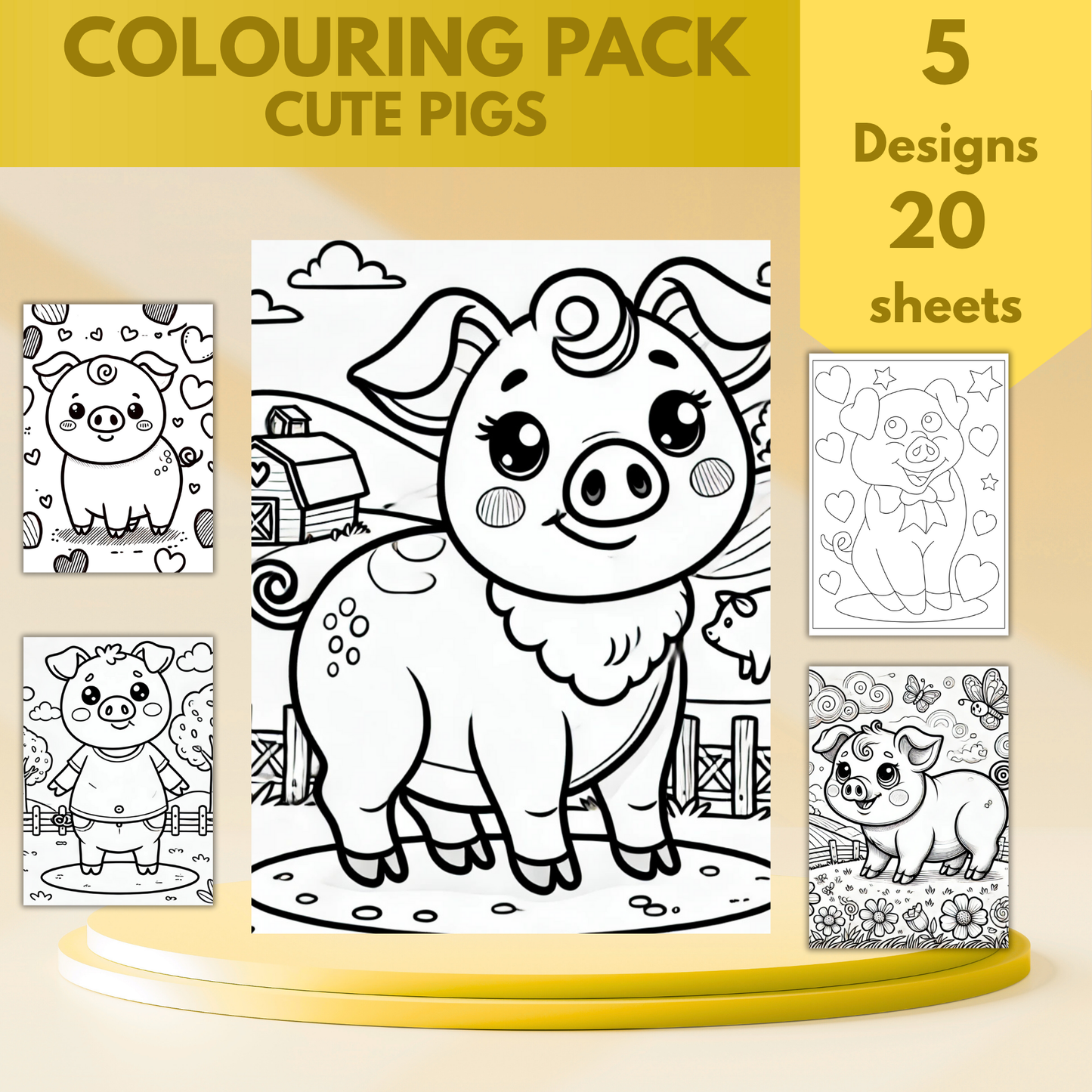 Cute Pigs colouring sheet pack - 5 designs, 20 sheets, Kids and Adult colouring pack, bespoke colouring sheet stationery