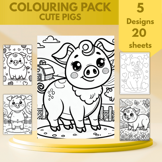 Cute Pigs colouring sheet pack - 5 designs, 20 sheets, Kids and Adult colouring pack, bespoke colouring sheet stationery