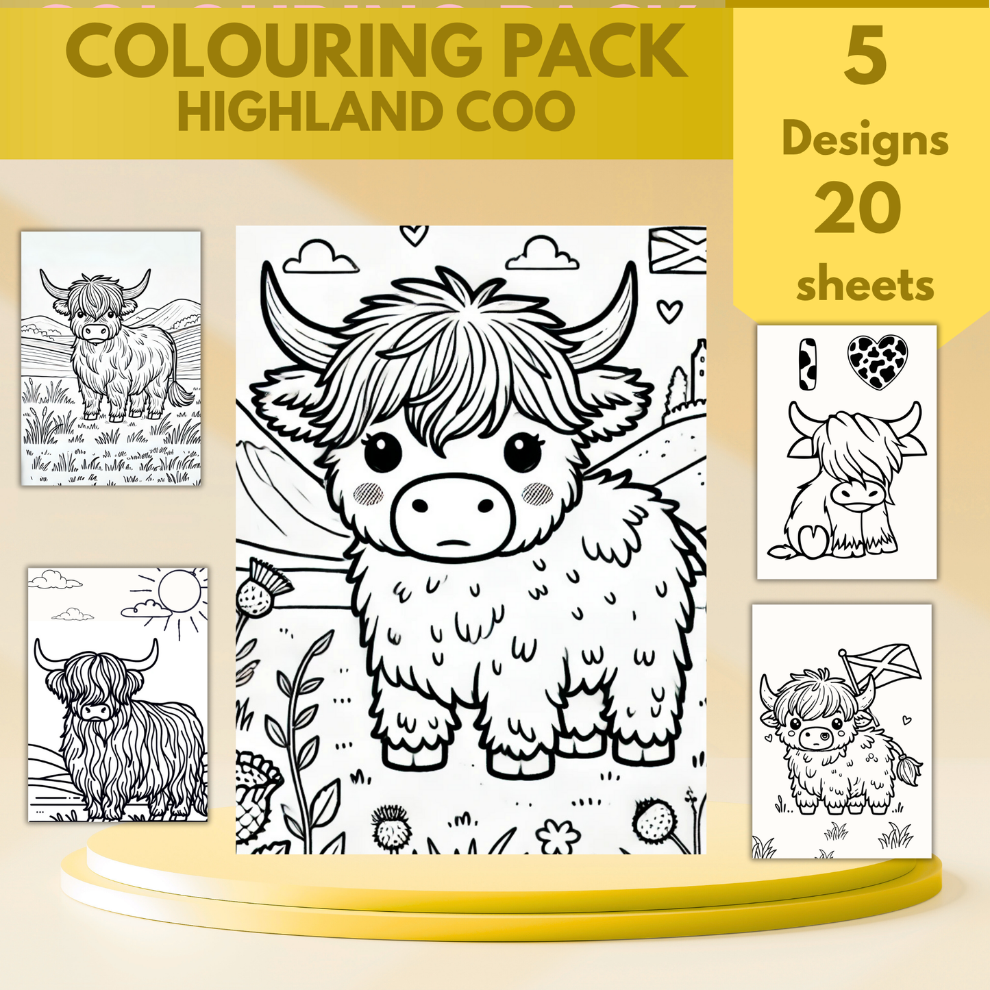 Highland Coo colouring sheet pack - 5 designs, 20 sheets, Scotland gift, Kids and Adult colouring pack, colouring stationery