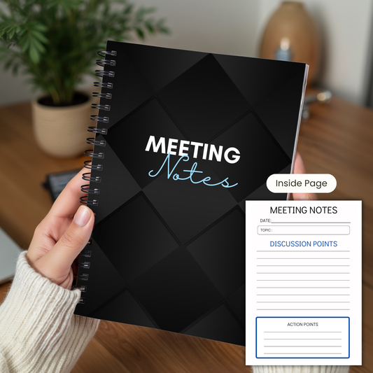 Meeting Notes Book Black A5 or A4, Meeting Agenda Notes, Printed lined inserts, work stationery organiser