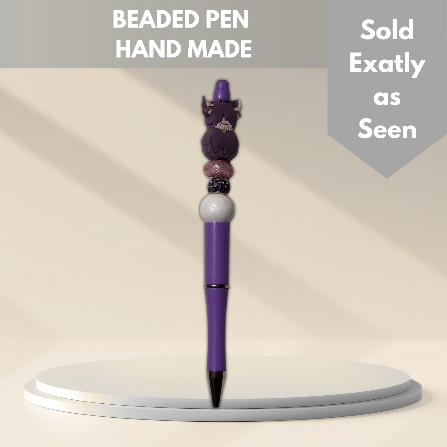 Highland Cow Beaded Pen - Handmade beaded pen black ink, Cute stationery pen