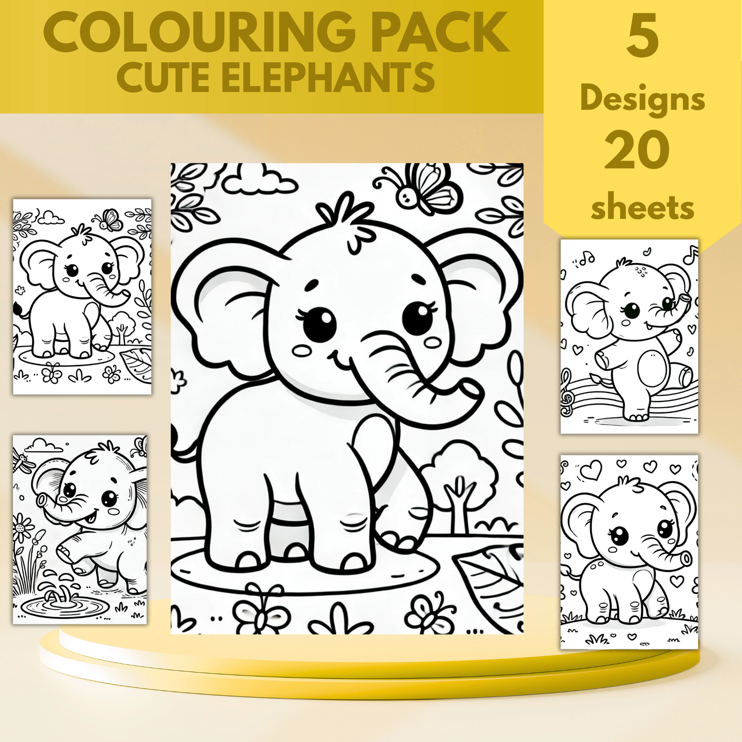 Cute Elephants colouring sheet pack - 5 designs, 20 sheets, Kids and Adult colouring pack, bespoke colouring sheet stationery