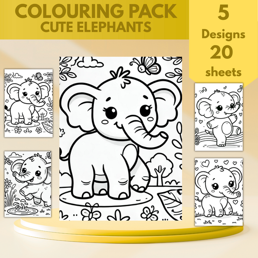 Cute Elephants colouring sheet pack - 5 designs, 20 sheets, Kids and Adult colouring pack, bespoke colouring sheet stationery