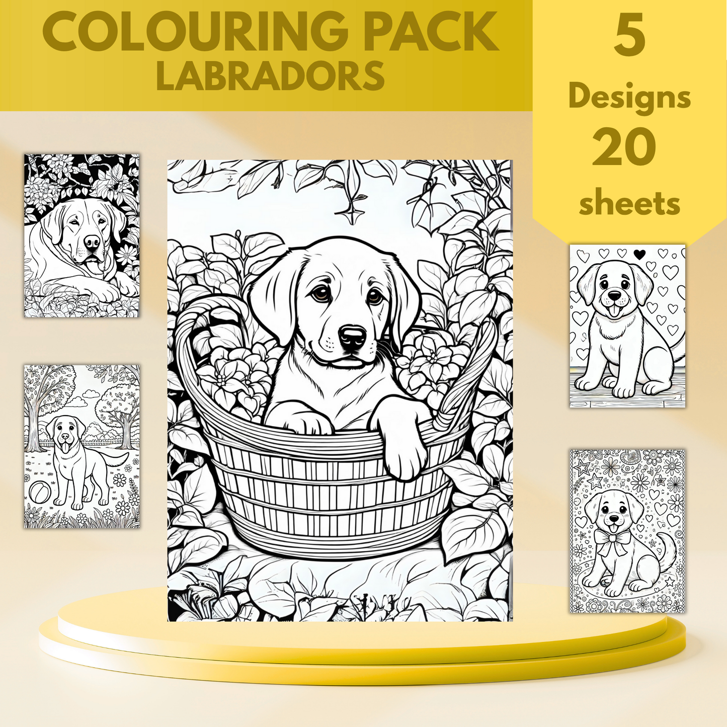 Labrador colouring sheet pack - 5 designs, 20 sheets, dog mum gift, Kids and Adult colouring pack