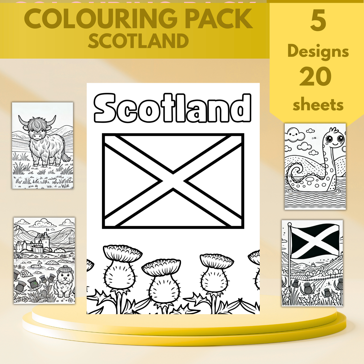 Scotland colouring sheet pack - 5 designs, 20 sheets,Kids and Adult colouring pack, Scotland gift colouring sheet stationery