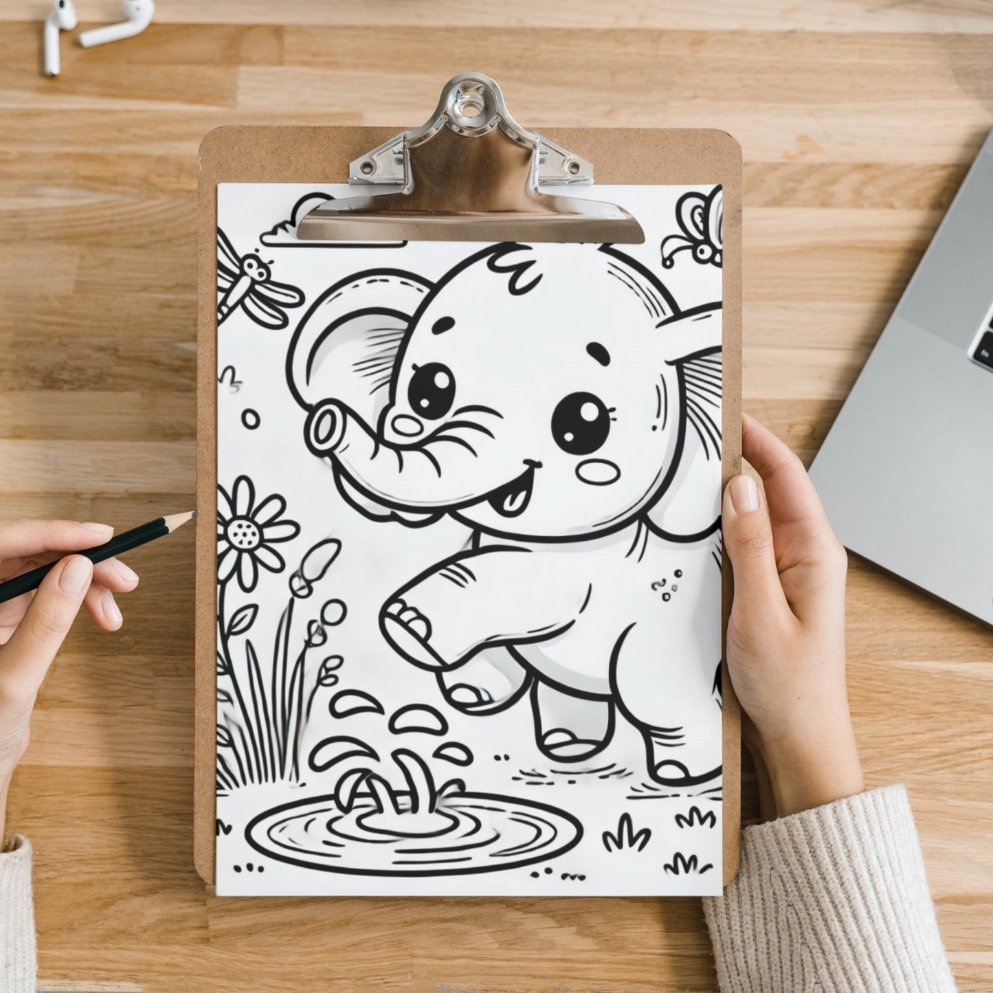 Cute Elephants colouring sheet pack - 5 designs, 20 sheets, Kids and Adult colouring pack, bespoke colouring sheet stationery