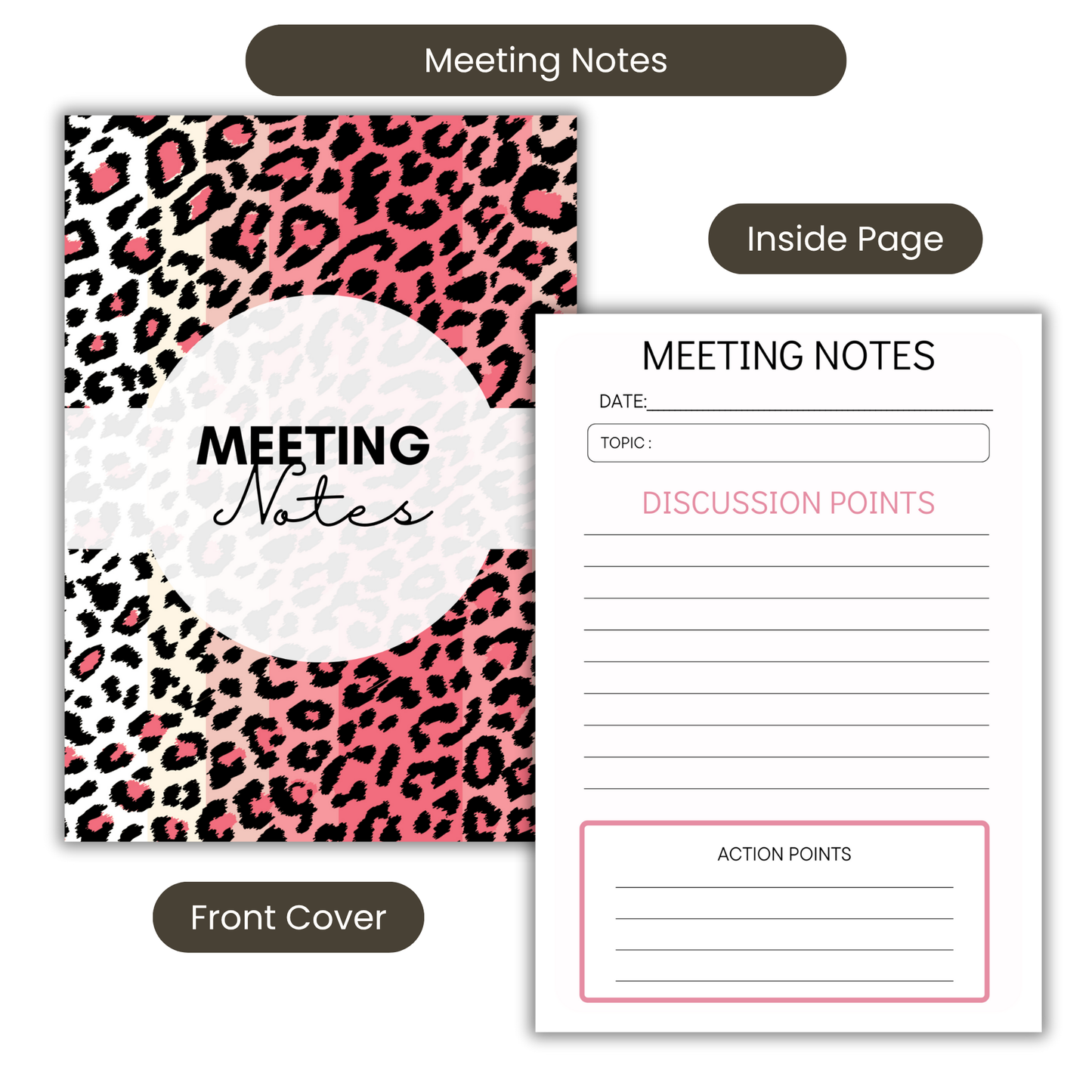 Meeting Notes Book Pink Animal Print A5 or A4, Meeting Agenda Notes, Printed lined inserts, work stationery organiser