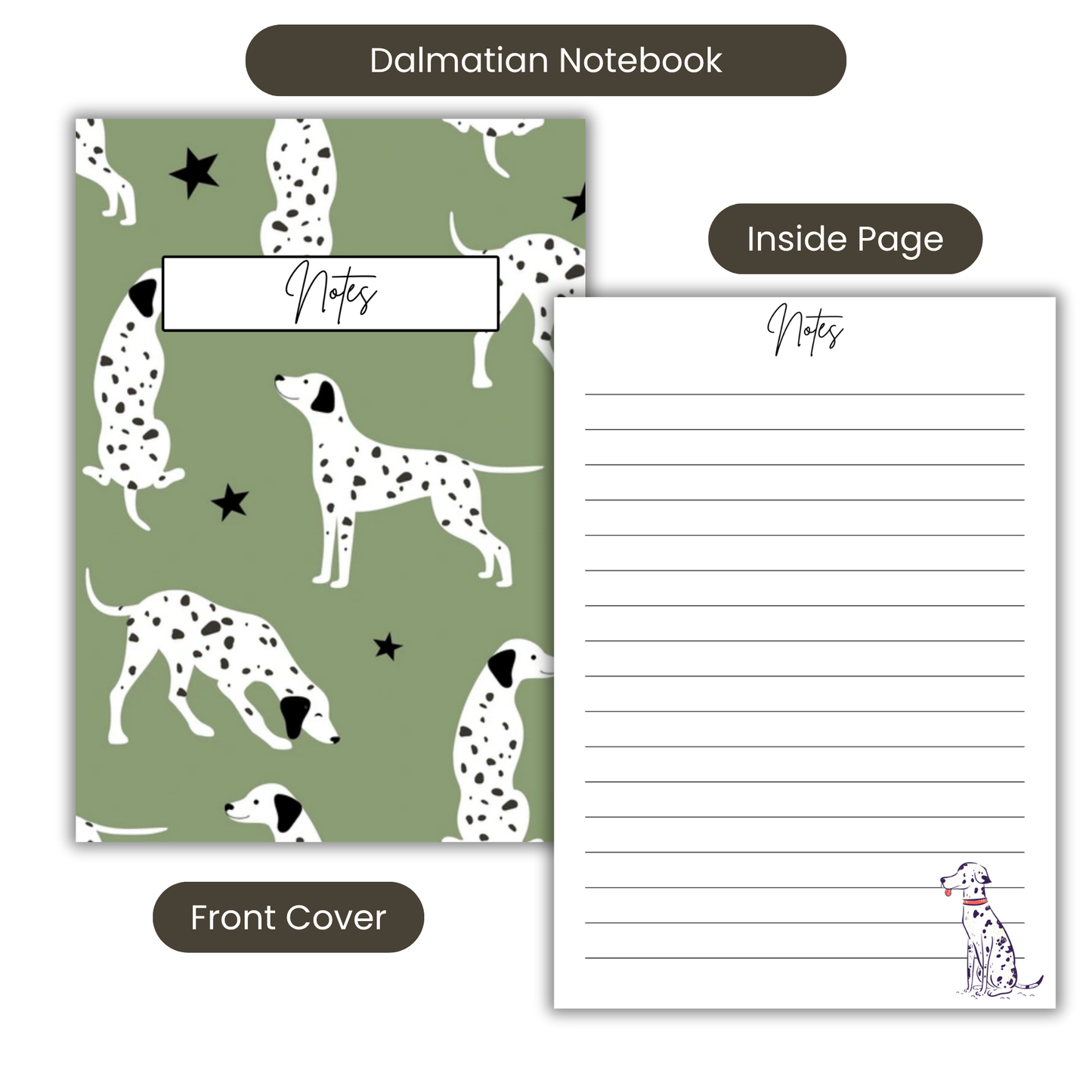Dalmatian Sage Green Notebook A5 or A4, Dog mum gift, Dalmatian print notebook stationery for work, student