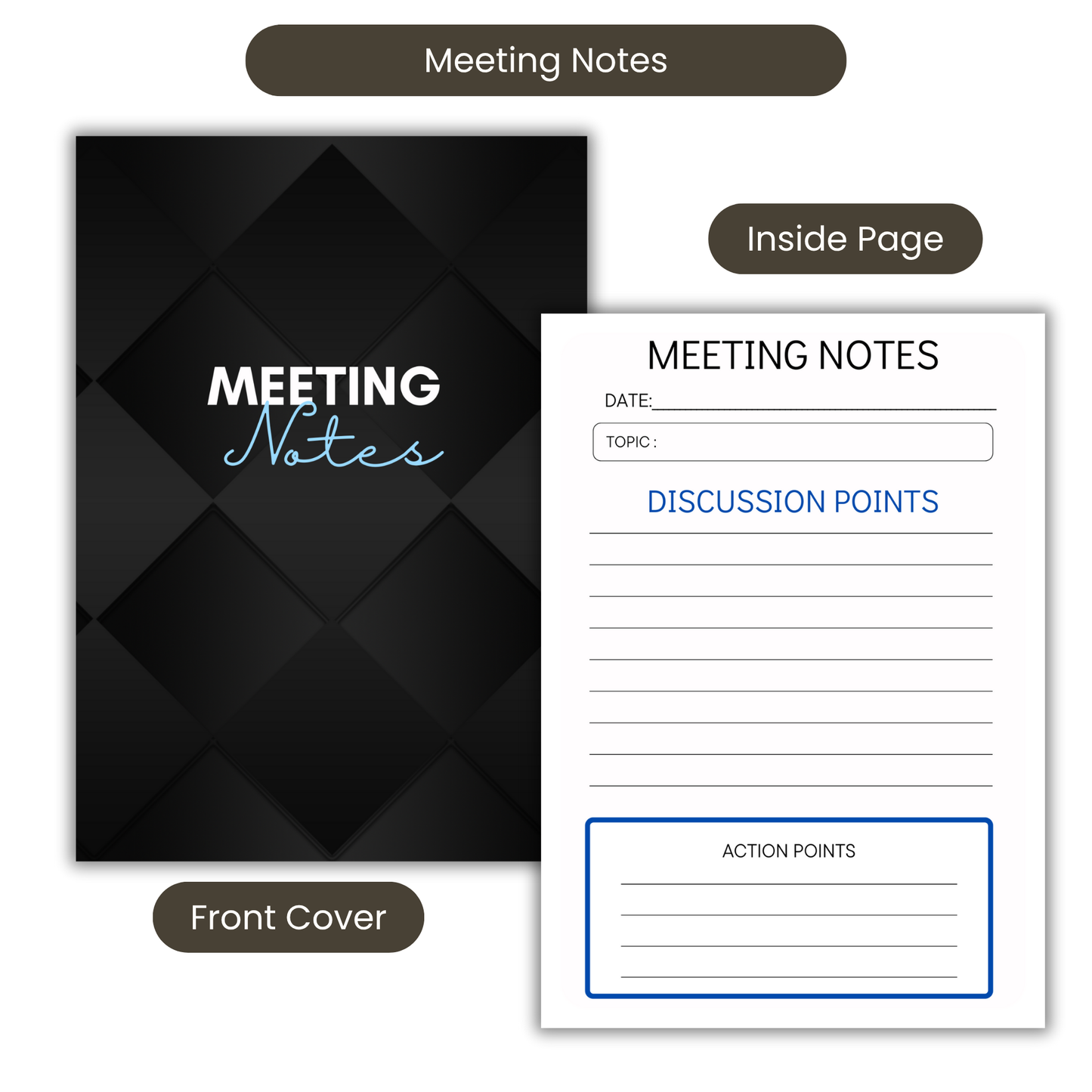 Meeting Notes Book Black A5 or A4, Meeting Agenda Notes, Printed lined inserts, work stationery organiser