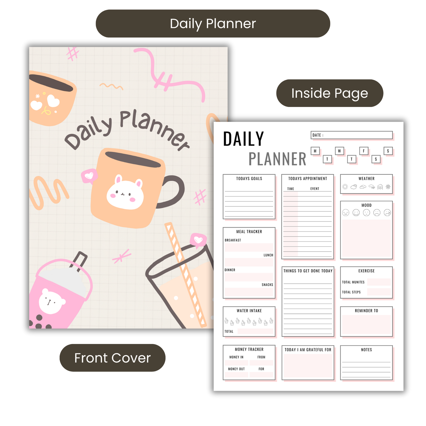 Cute Bear Beige Daily Planner A5 or A4 inserts, Floral notebook, Planner notepad, Work student daily planner
