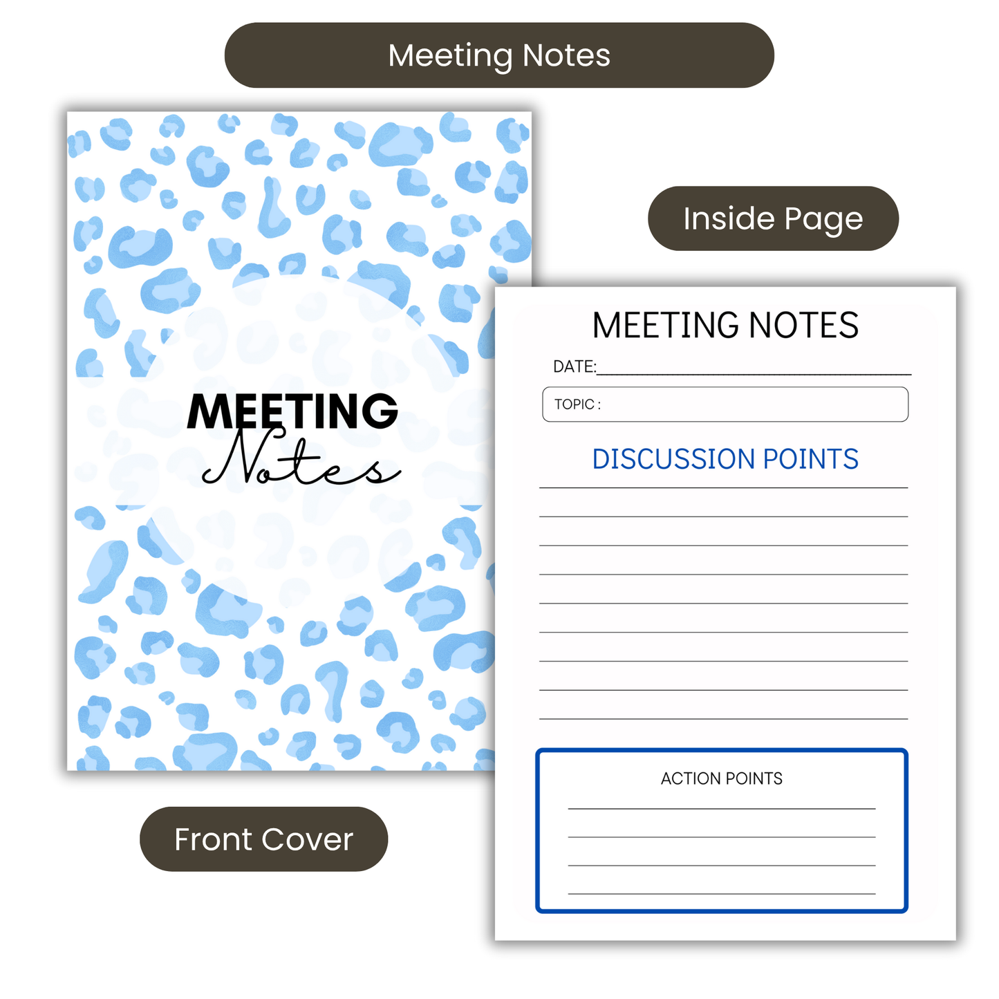 Meeting Notes Book Baby Blue Animal Print A5 or A4, Meeting Agenda Notes, Printed lined inserts, work stationery organiser