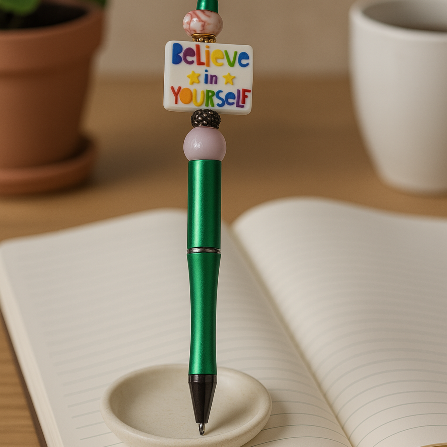 Believe in Yourself Beaded Pen - Handmade beaded pen black ink, Cute stationery pen