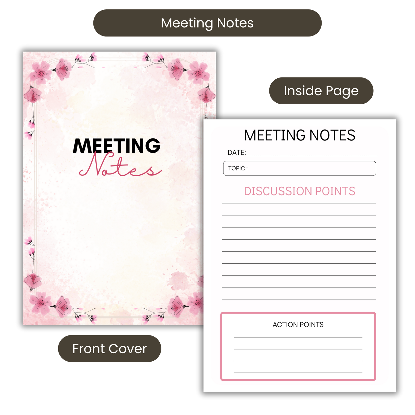 Meeting Notes Book Pink Flowers A5 or A4 - Card Cover, Meeting Agenda Notes, Printed lined inserts, work stationery organiser