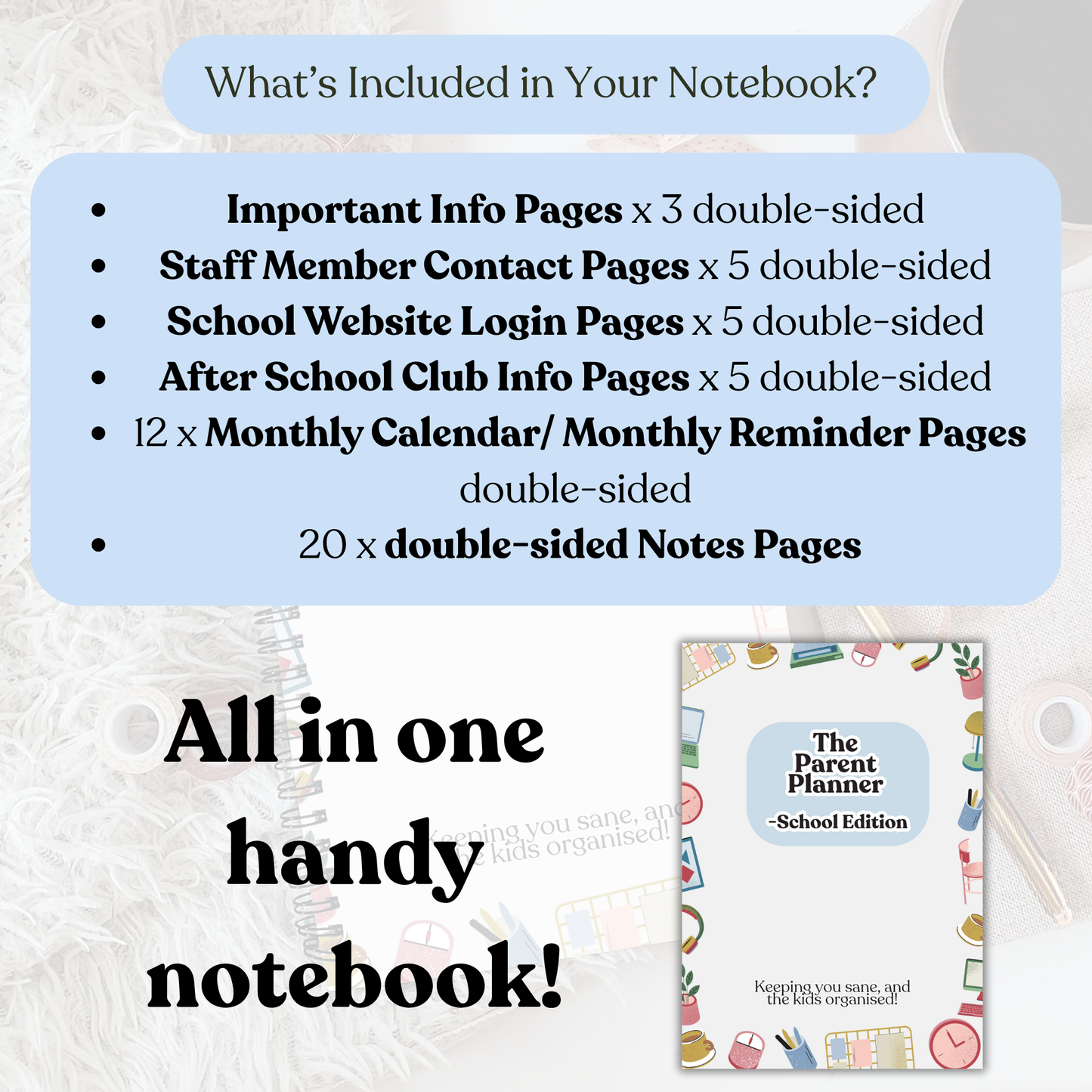 Parent Planner Notebook,, Organise all your school details in one place, School Organiser, back to school essentials