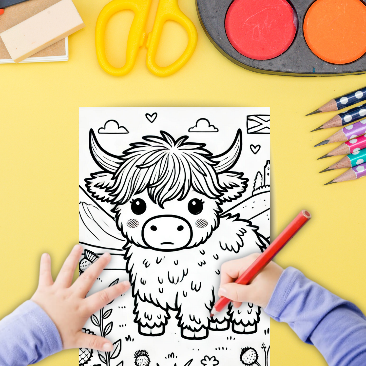 Highland Coo colouring sheet pack - 5 designs, 20 sheets, Scotland gift, Kids and Adult colouring pack, colouring stationery