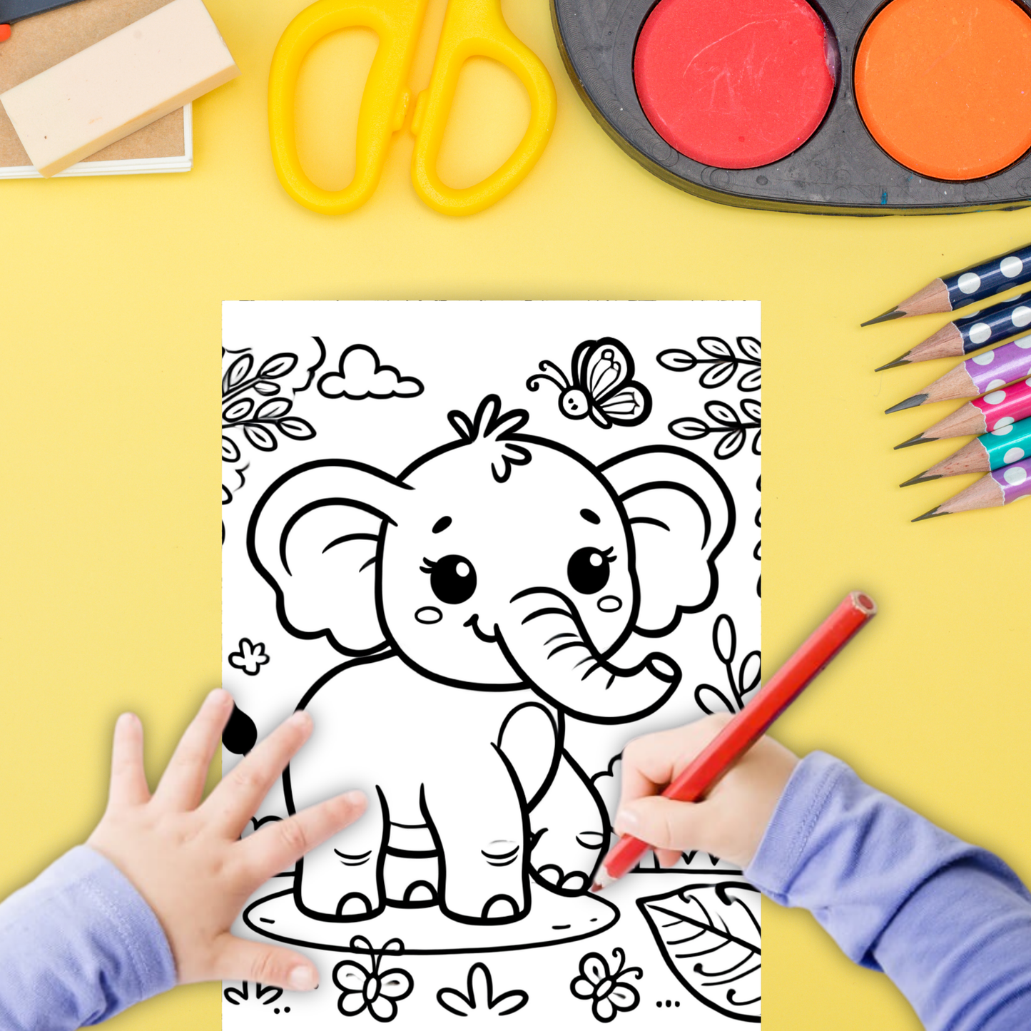 Cute Elephants colouring sheet pack - 5 designs, 20 sheets, Kids and Adult colouring pack, bespoke colouring sheet stationery