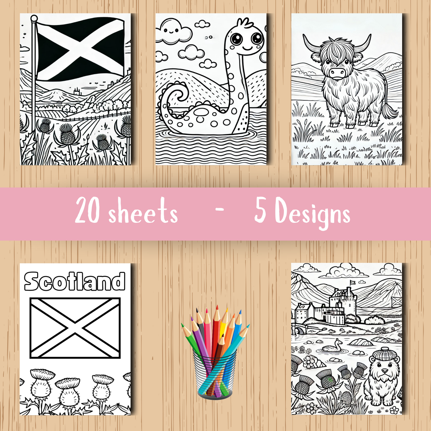 Scotland colouring sheet pack - 5 designs, 20 sheets