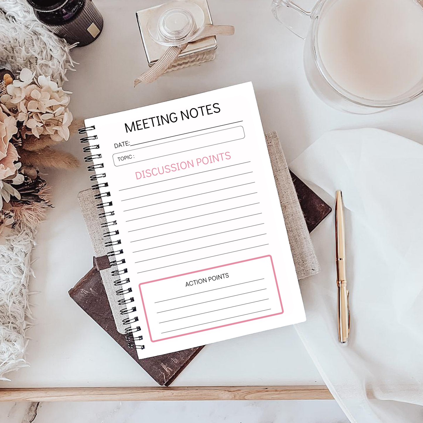 Meeting Notes Book Pink Flowers A5 or A4 - Card Cover, Meeting Agenda Notes, Printed lined inserts, work stationery organiser