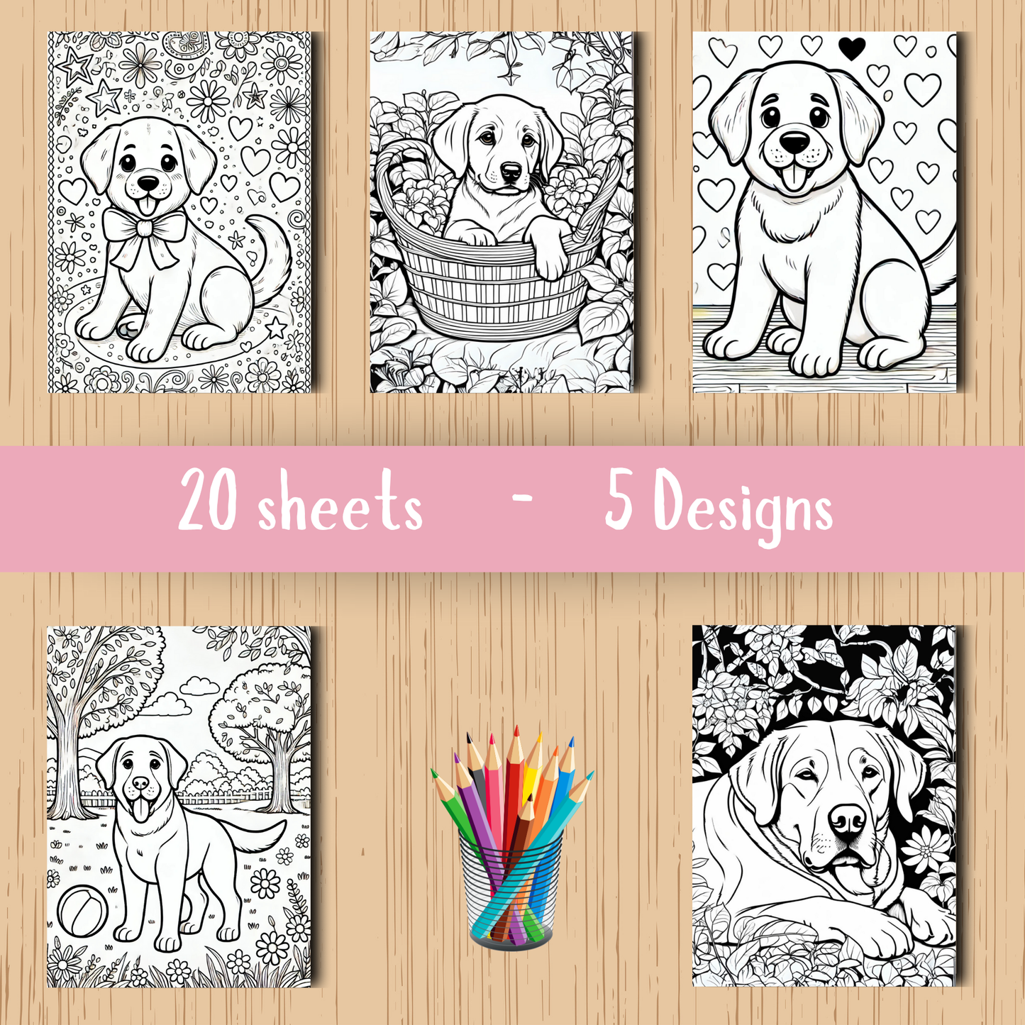 Labrador colouring sheet pack - 5 designs, 20 sheets, dog mum gift, Kids and Adult colouring pack