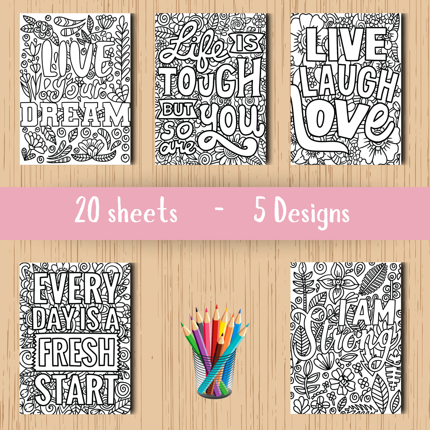Positive Quotes colouring sheet pack - 4 designs, 20 sheets, Kids and Adult colouring pack, bespoke colouring sheet stationery