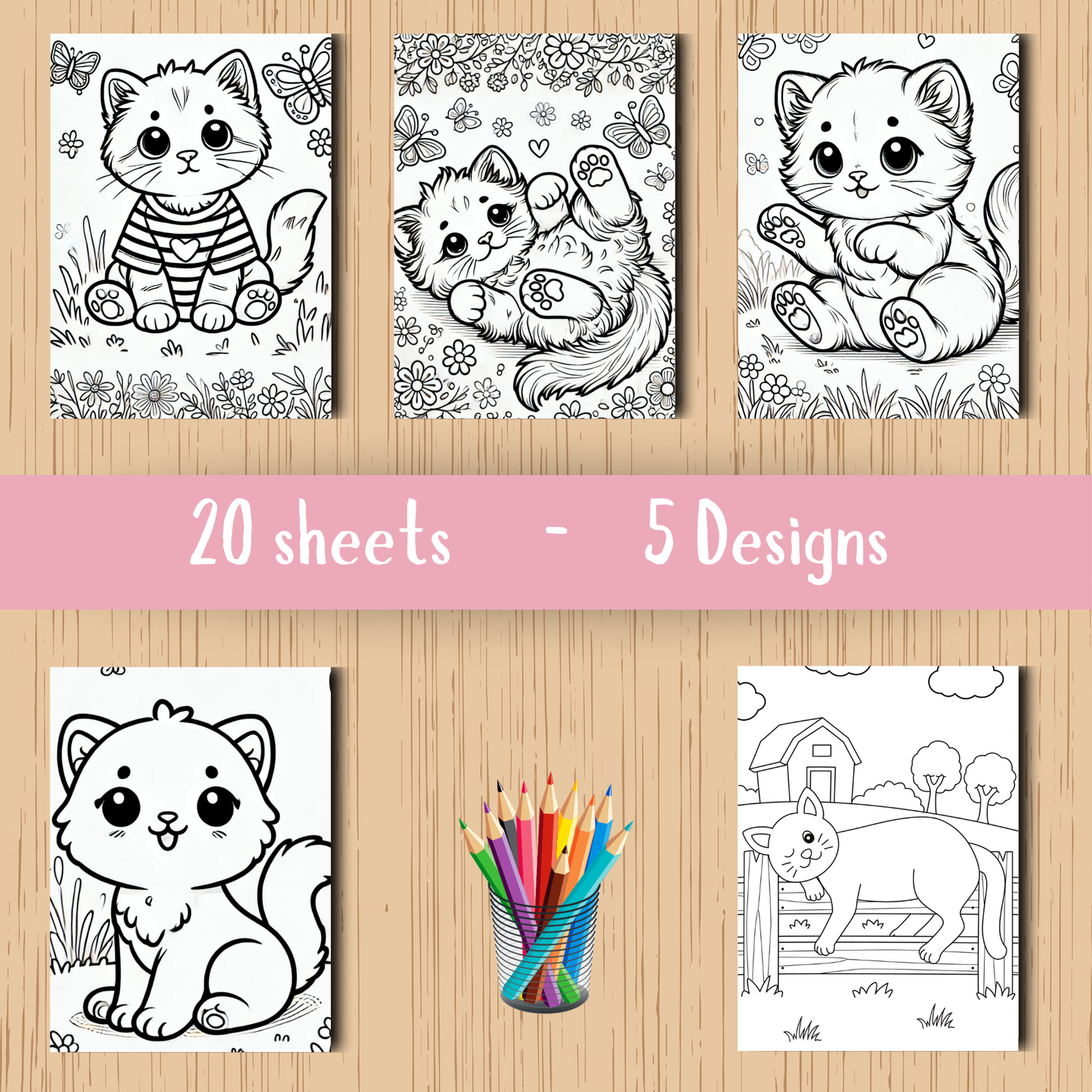 Kittens colouring sheet pack - 5 designs, 20 sheets, Kids and Adult colouring pack, cat mum gift