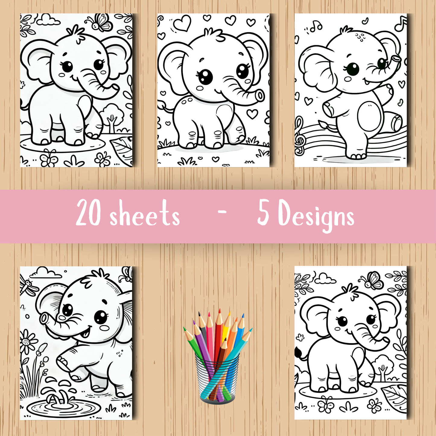 Cute Elephants colouring sheet pack - 5 designs, 20 sheets, Kids and Adult colouring pack, bespoke colouring sheet stationery