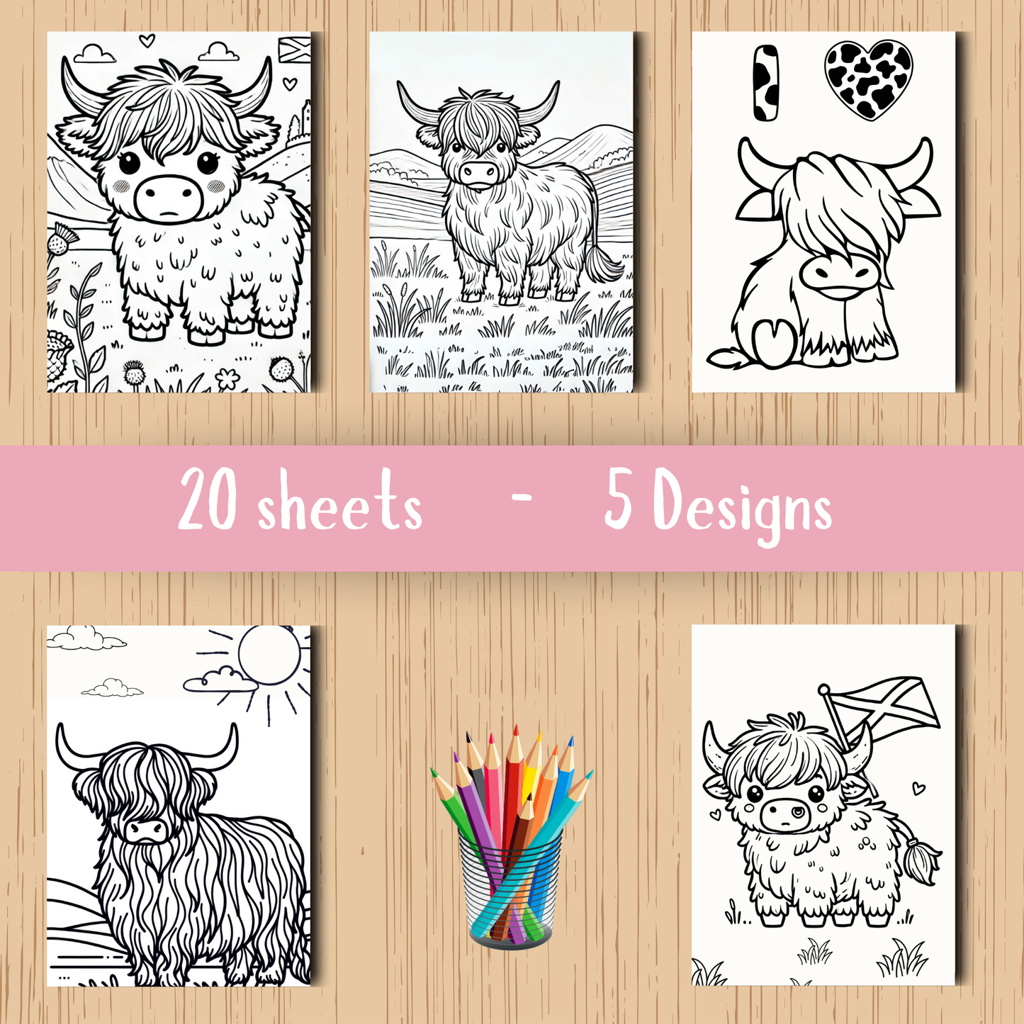 Highland Coo colouring sheet pack - 5 designs, 20 sheets, Scotland gift, Kids and Adult colouring pack, colouring stationery