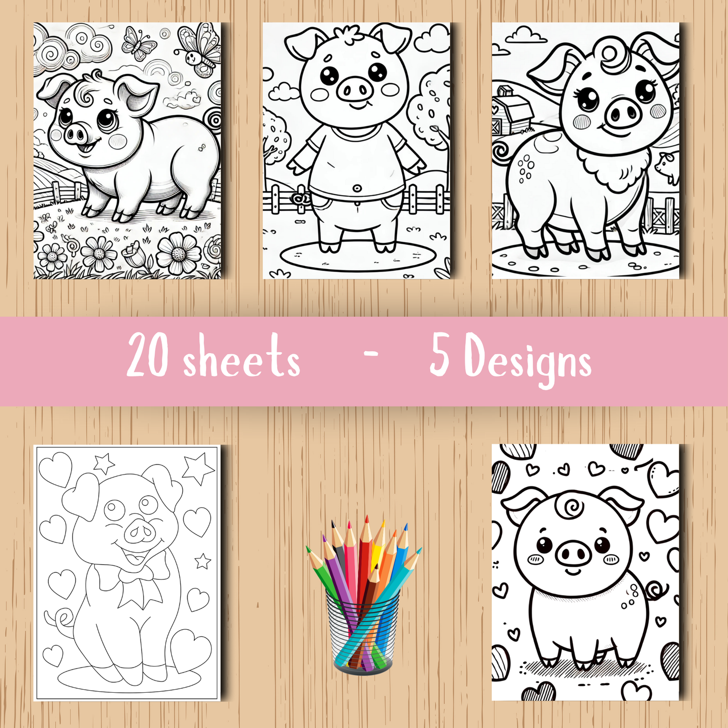 Cute Pigs colouring sheet pack - 5 designs, 20 sheets, Kids and Adult colouring pack, bespoke colouring sheet stationery