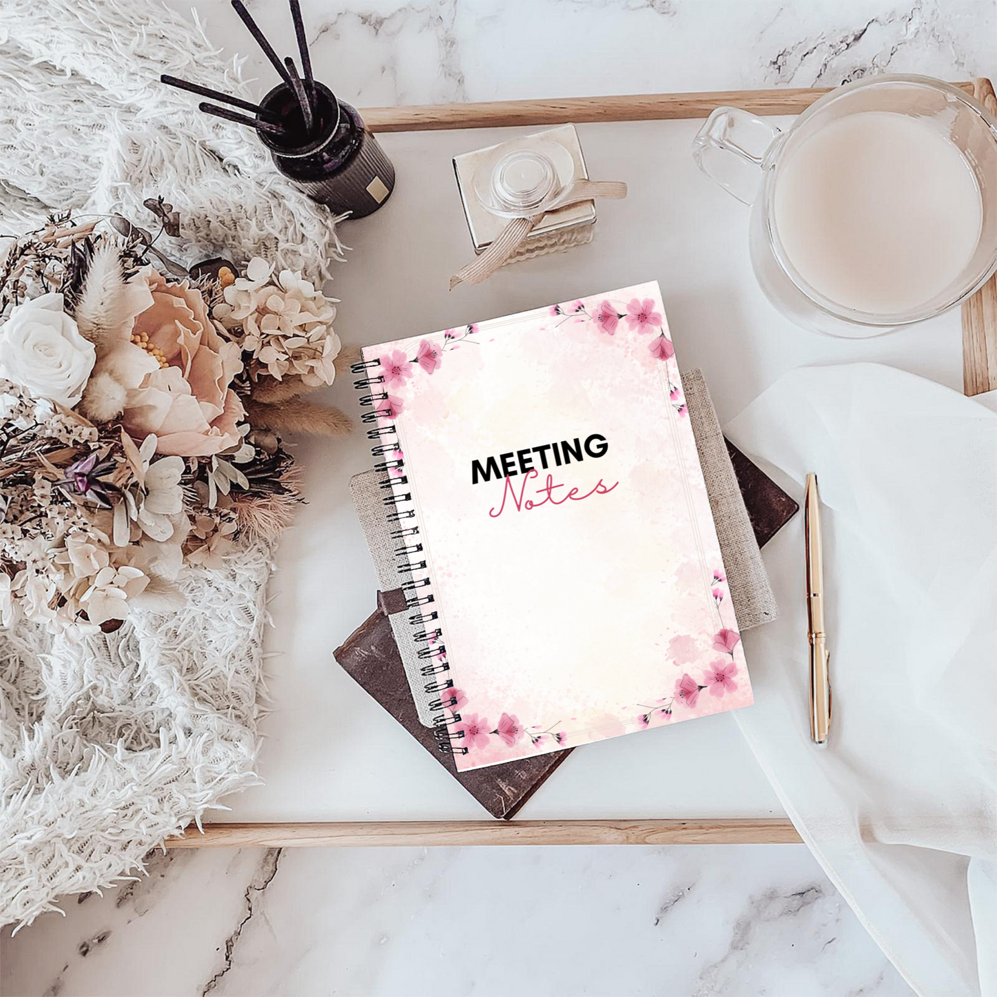 Meeting Notes Book Pink Flowers A5 or A4 - Card Cover, Meeting Agenda Notes, Printed lined inserts, work stationery organiser