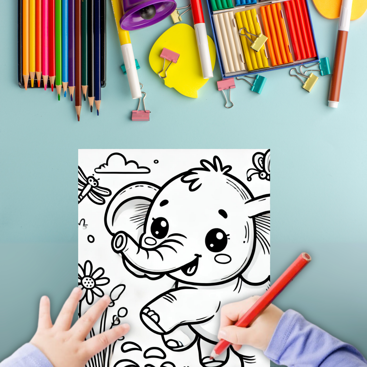 Cute Elephants colouring sheet pack - 5 designs, 20 sheets, Kids and Adult colouring pack, bespoke colouring sheet stationery