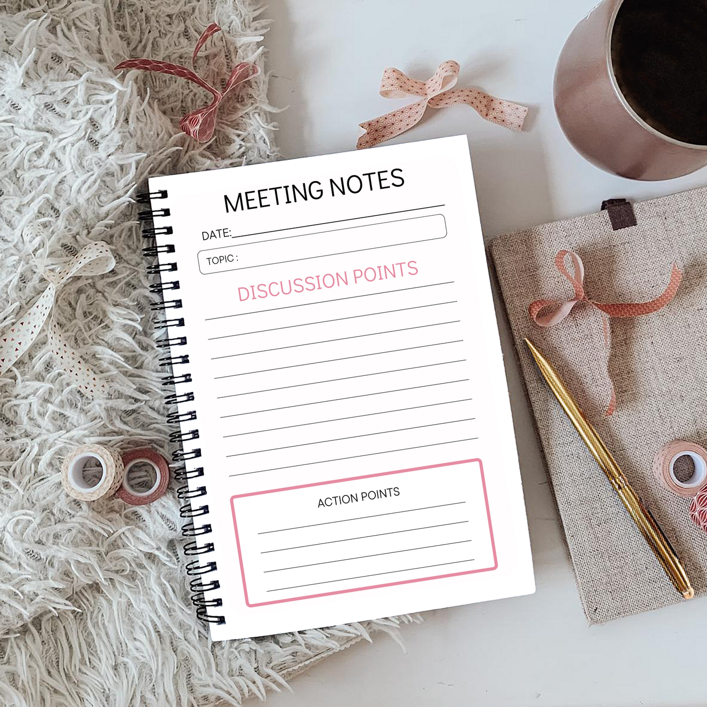 Meeting Notes Book Pink Flowers A5 or A4 - Card Cover, Meeting Agenda Notes, Printed lined inserts, work stationery organiser