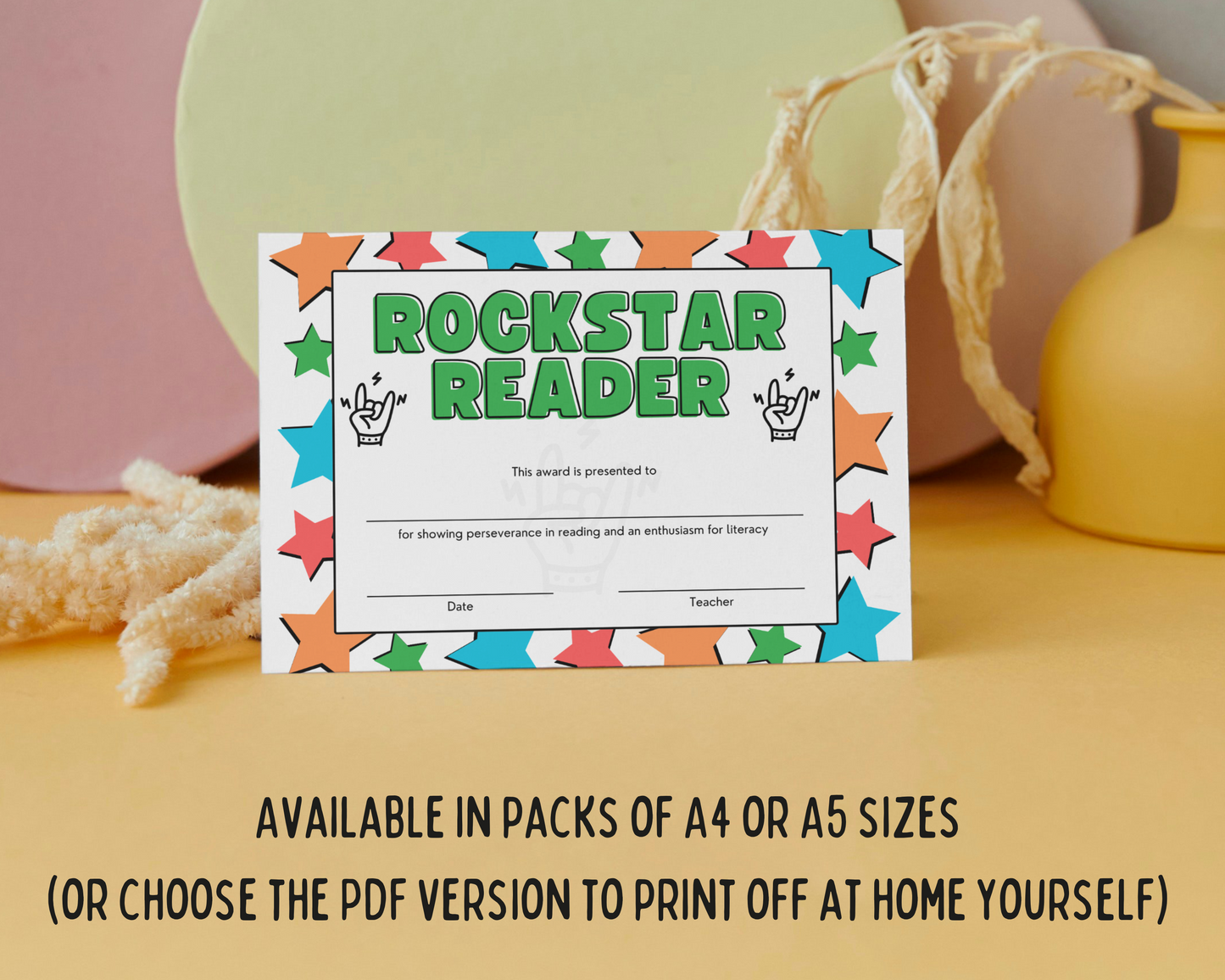 Printed Rockstar Reader Award Pupil Certificate, A4 or A5 certificates, classroom management resources, teacher class resources, home school