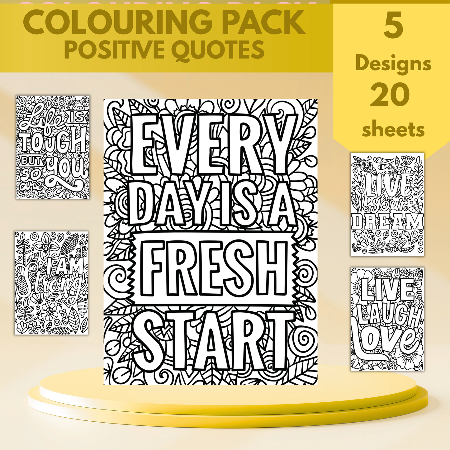 Positive Quotes colouring sheet pack - 4 designs, 20 sheets, Kids and Adult colouring pack, bespoke colouring sheet stationery