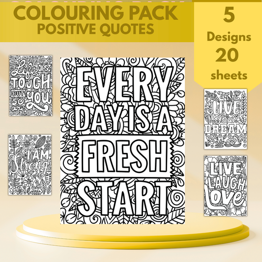 Positive Quotes colouring sheet pack - 4 designs, 20 sheets, Kids and Adult colouring pack, bespoke colouring sheet stationery