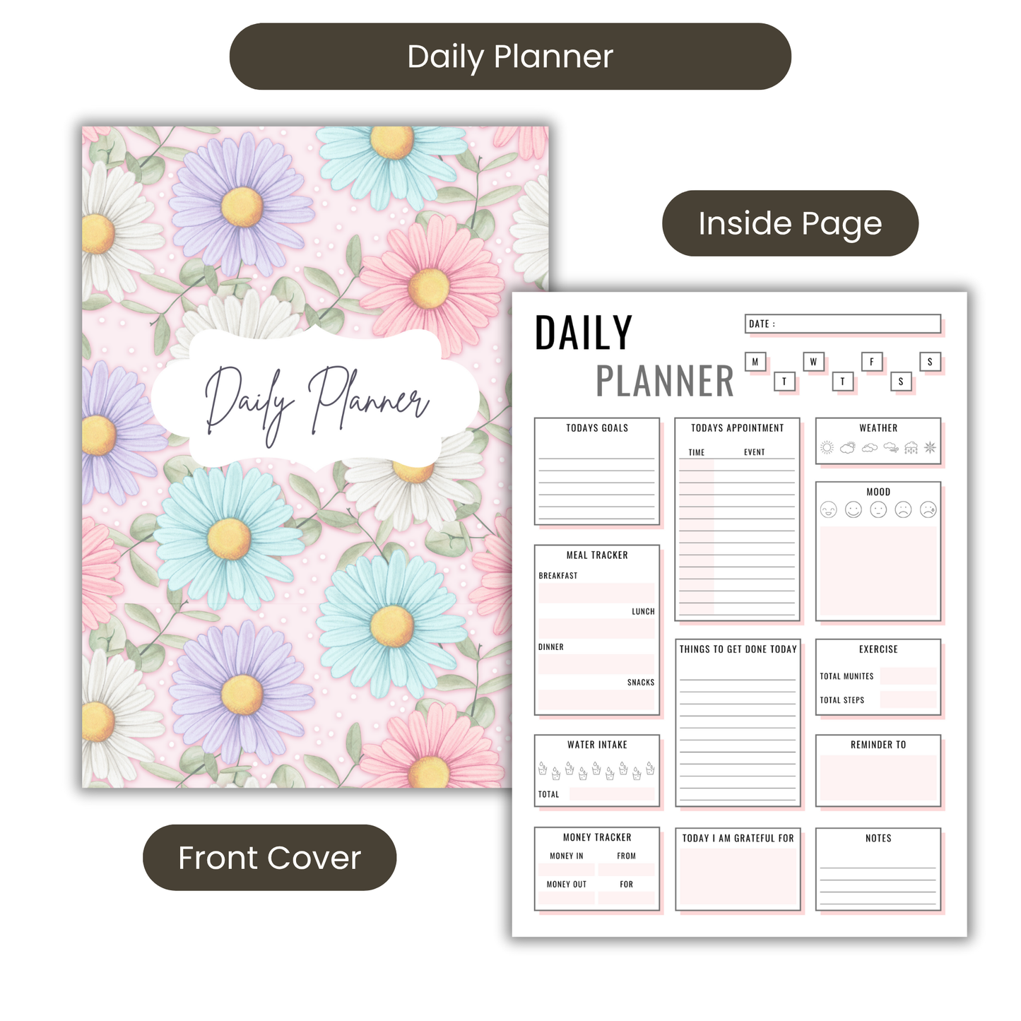 Pastel Daisies Daily Planner A5 or A4 inserts, Floral notebook, Planner notepad, Work student daily planner