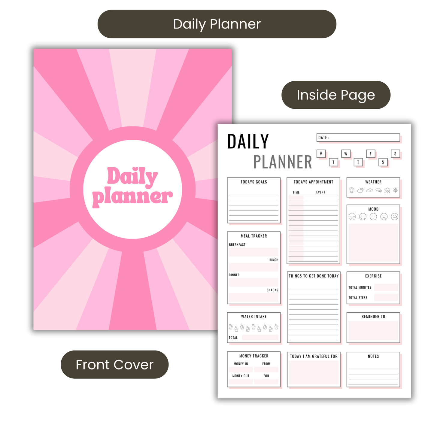 Pink Retro Daily Planner A5 or A4 inserts, Floral notebook, Planner notepad, Work student daily planner