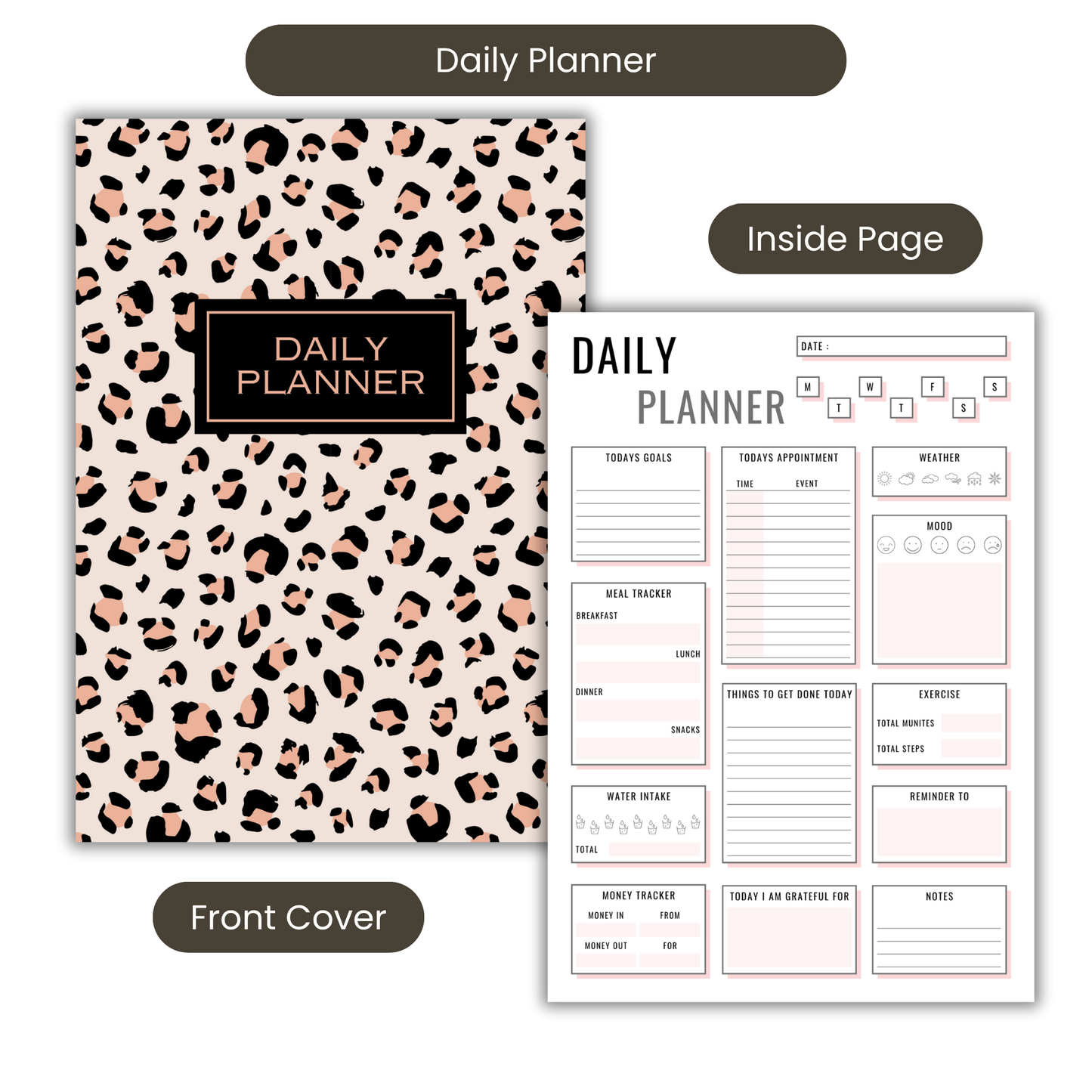 Rose Gold Animal Print Daily Planner A5 or A4 inserts, Floral notebook, Planner notepad, Work student daily planner
