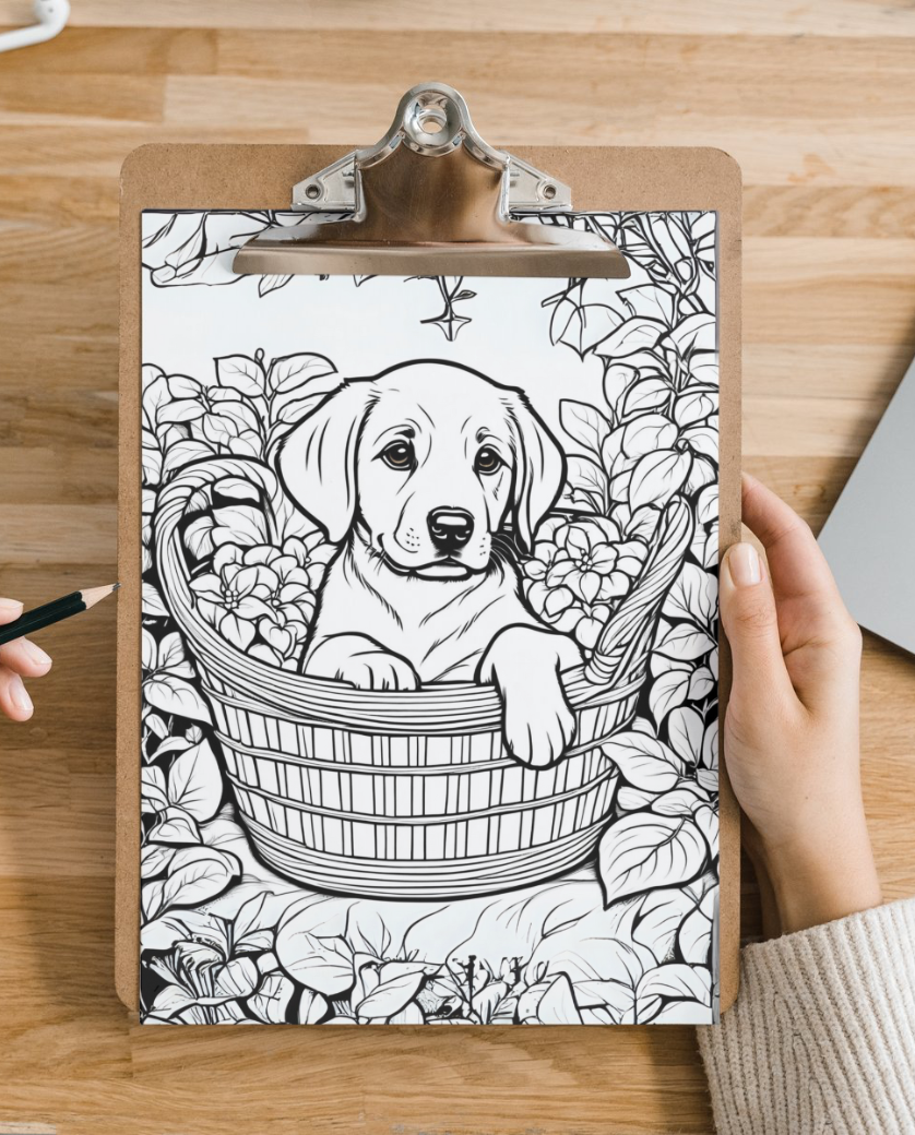 Labrador colouring sheet pack - 5 designs, 20 sheets