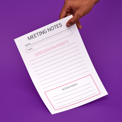 Meeting Notes Lined Printed Note Paper - A4 or A5 sizes, Meeting Agenda Notes, Printed lined inserts, work stationery organiser
