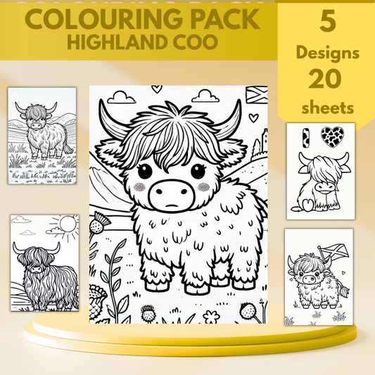 Highland Coo colouring sheet pack - 5 designs, 20 sheets, Scotland gift,  Kids and Adult colouring pack, colouring stationery