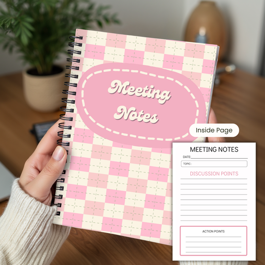 Meeting Notes Book Pink Checkerboard A5 or A4, Meeting Agenda Notes, Printed lined inserts, work stationery organiser