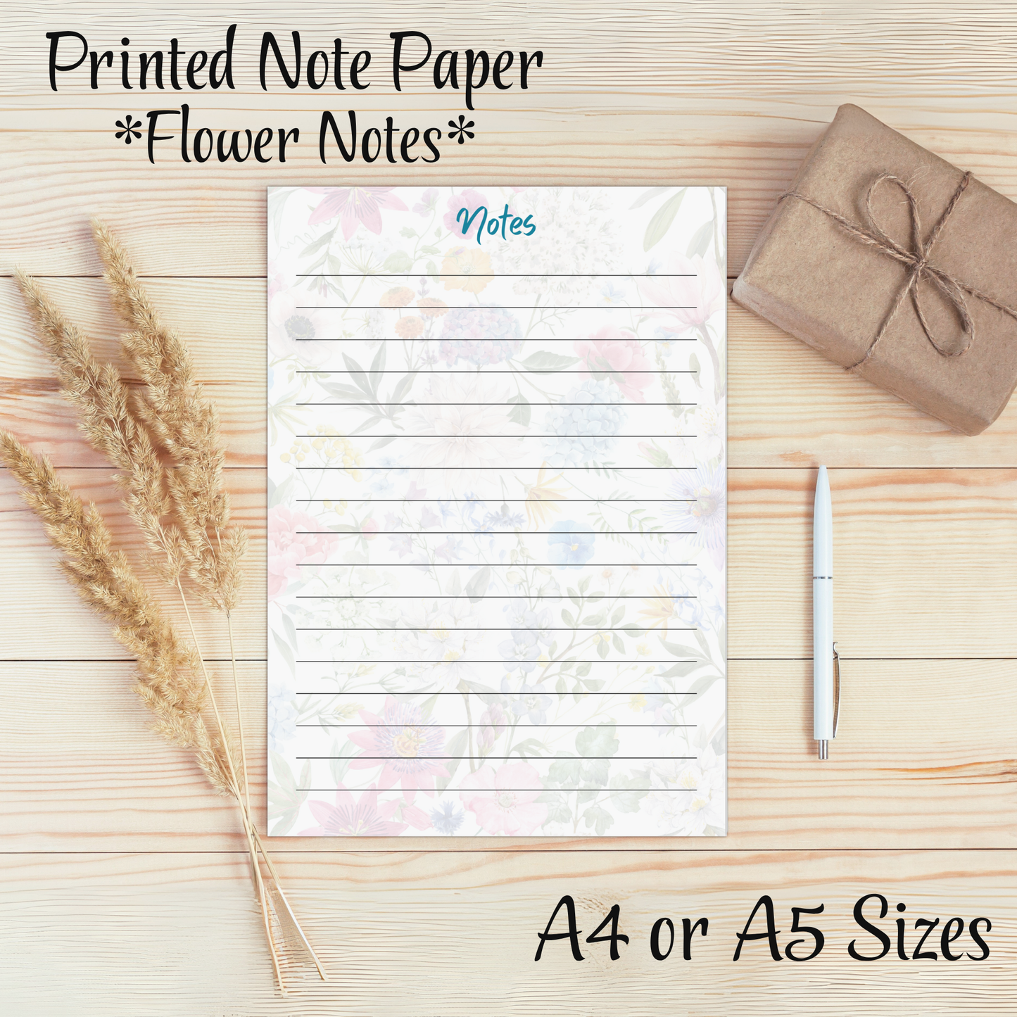 Floral Pattern Note List, Lined Printed Note Paper - A4 or A5 sizes,  Work Study or Class stationery, Lined paper inserts