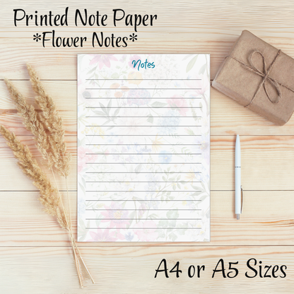 Floral Pattern Note List, Lined Printed Note Paper - A4 or A5 sizes,  Work Study or Class stationery, Lined paper inserts