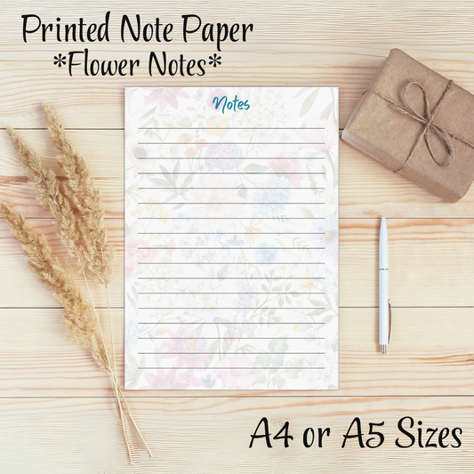 Floral Pattern Note List, Lined Printed Note Paper - A4 or A5 sizes,  Work Study or Class stationery, Lined paper inserts