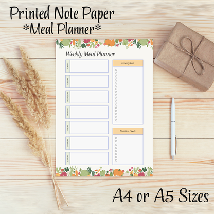 Meal Planning Printed Note Paper - A4 or A5 sizes,  Work Study or Class stationery, Lined paper inserts