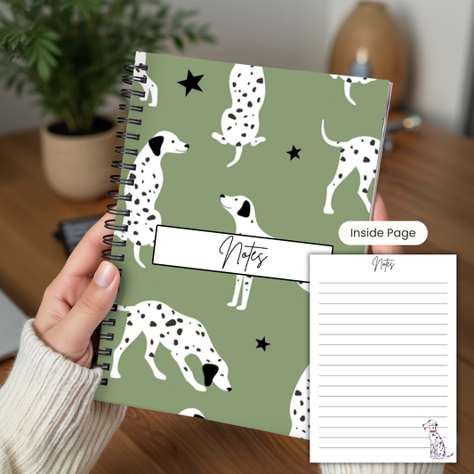 Dalmatian Sage Green Notebook A5 or A4, Dog mum gift, Dalmatian print notebook stationery for work, student