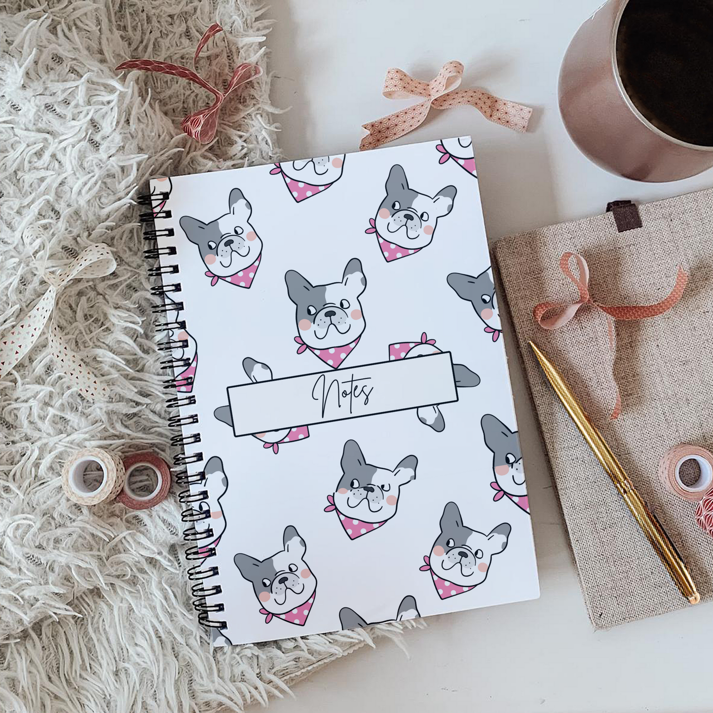 Pug White and Pink Notebook A5 - Card Cover