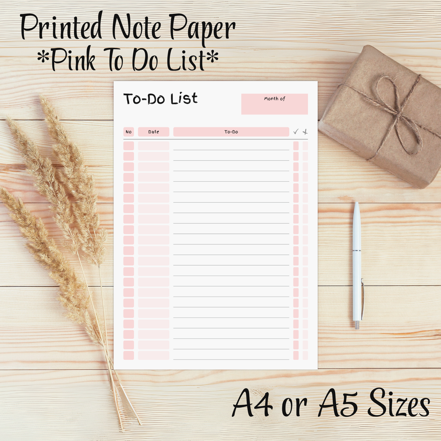 To Do List, Lined Printed Note Paper Pink - A4 or A5 sizes,  Work Study or Class stationery, Lined paper inserts