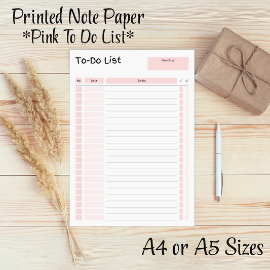 To Do List, Lined Printed Note Paper Pink - A4 or A5 sizes,  Work Study or Class stationery, Lined paper inserts