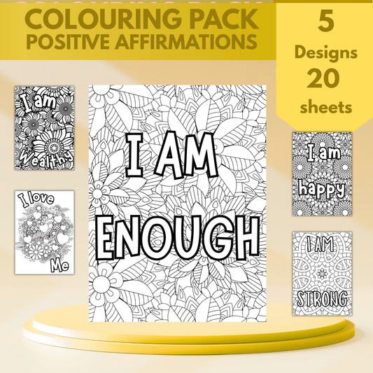Positive Affirmations colouring sheet pack - 4 designs, 20 sheets, Kids and Adult colouring pack, bespoke colouring sheet stationery